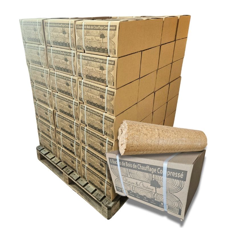 Verdichtetes Holz Confort - 80 Kartons je 6 Scheitholz - Palette ca. 960kgs