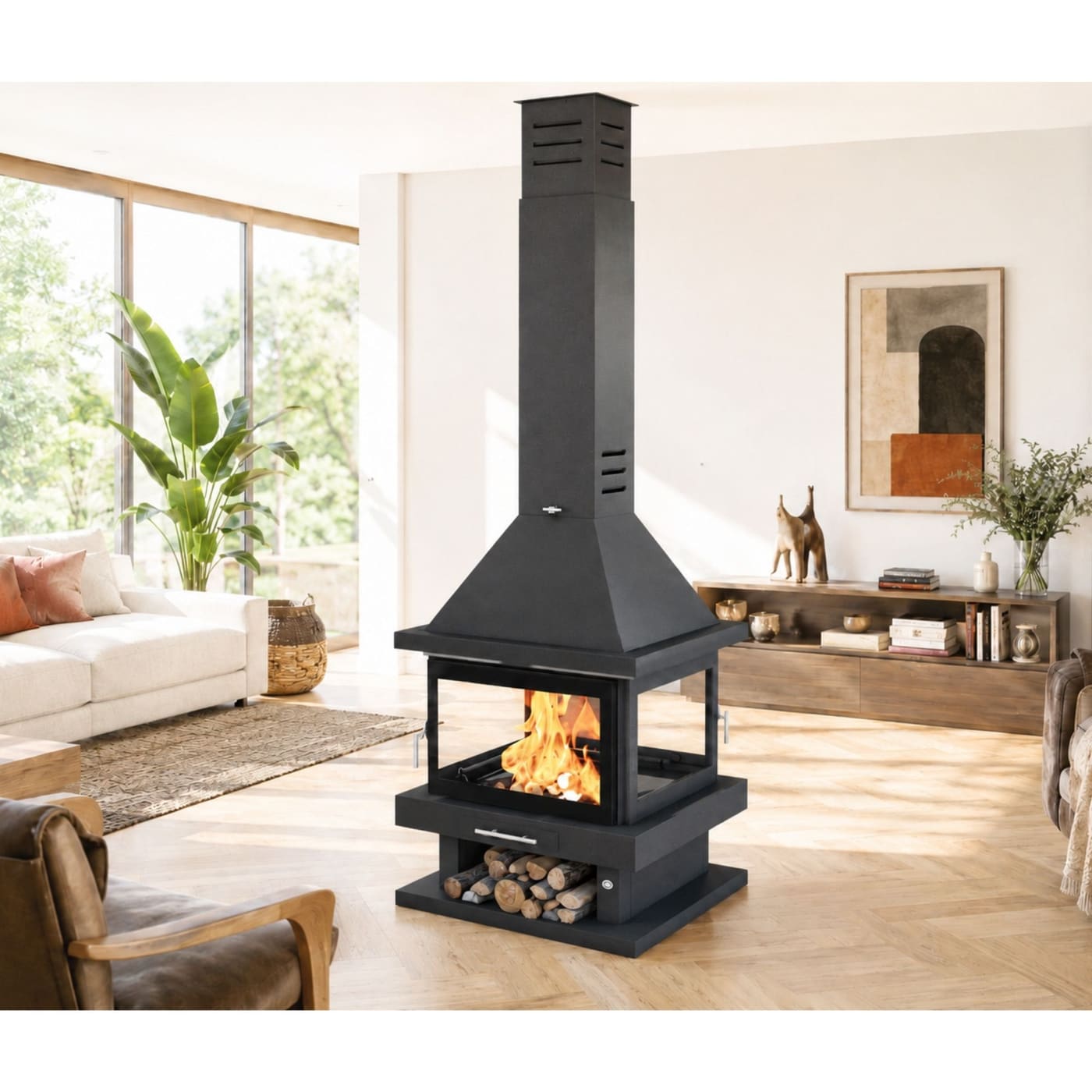 Holzofen Kamin centrale 4 vitres - FIREMATIC Oregon 13.8 kW