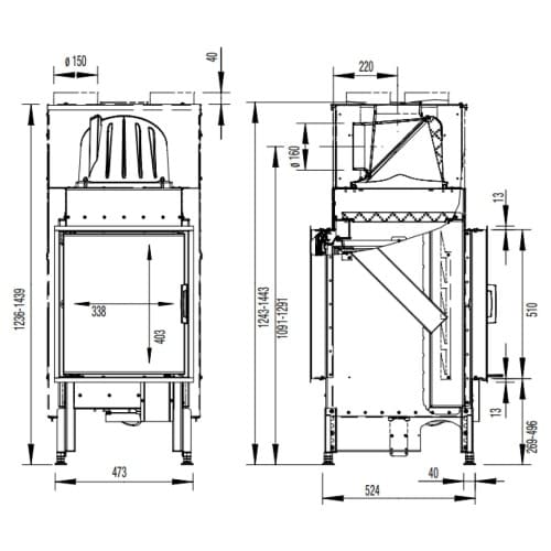 Holzeinsatz Austroflamm 45x51K II 6 kW Drehtür, durchgehend – Tunnel