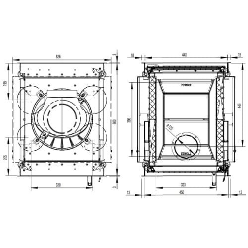 Holzeinsatz Austroflamm 45x51K II 6 kW Drehtür, durchgehend – Tunnel