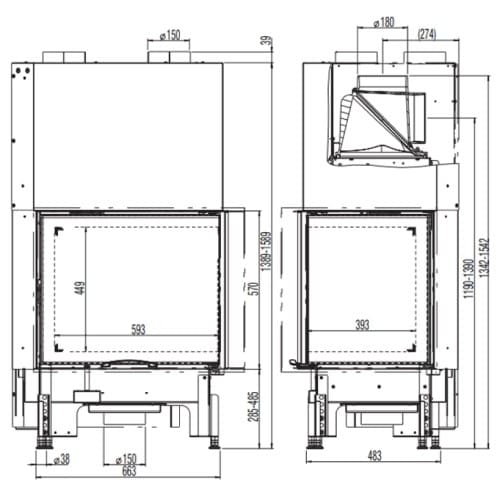 Holzeinsatz Austroflamm Kamin Eck 69x49x57S 2,0 | 12 kW Schiebetür
