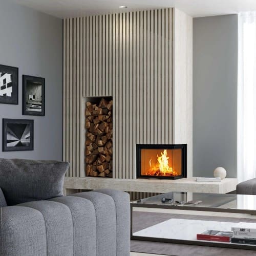 Holzeinsatz Austroflamm Kamin Eck 63x40x51S 2,0 | 12 kW Schiebetür