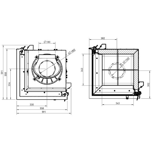 Holzeinsatz Austroflamm Kamin Eck 55x55x.. K 2.0 11/13/15 kW, Drehtür