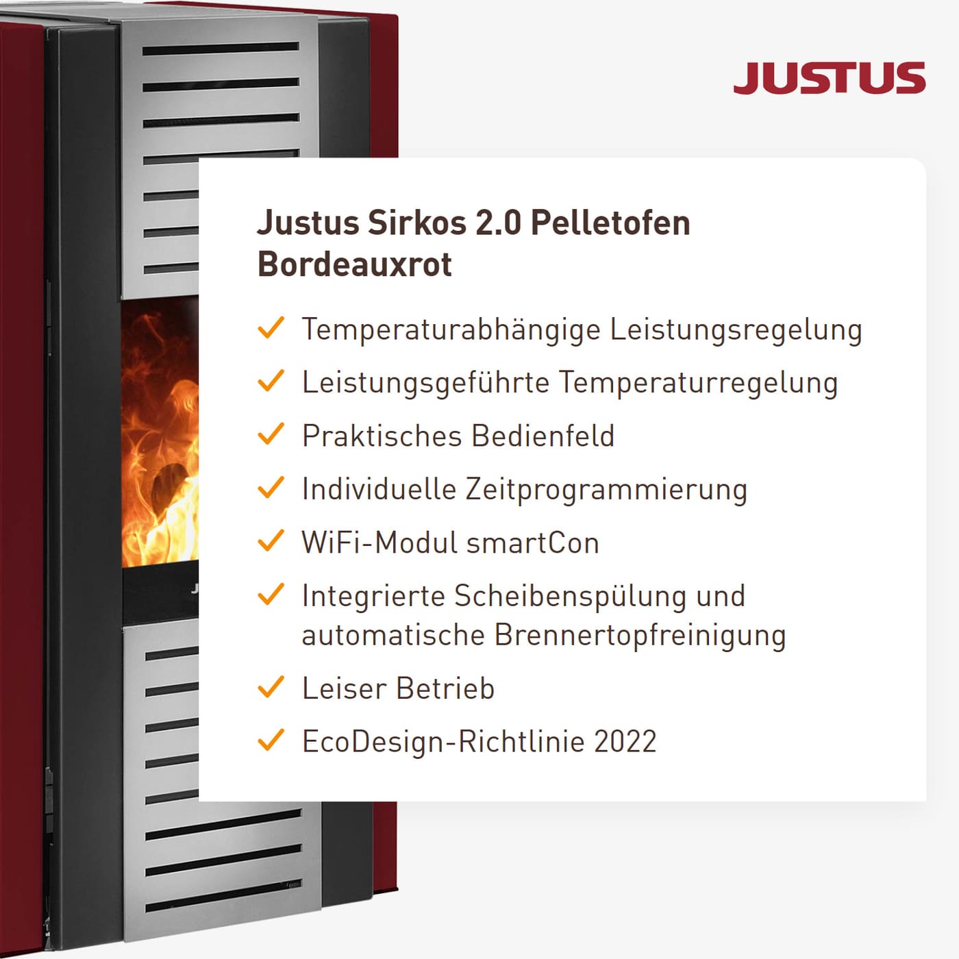 Justus Sirkos 2.0 Bordeauxrot Pelletofen 6 kW
