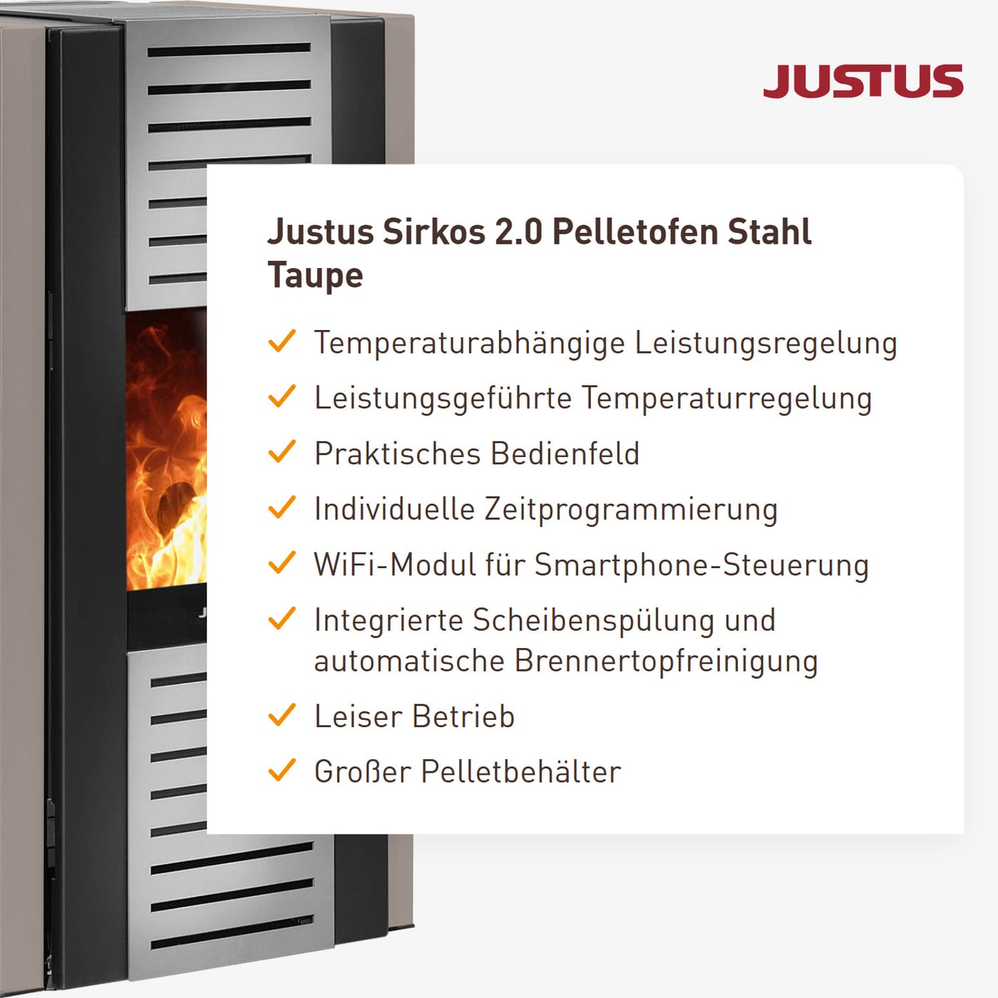 Justus Sirkos 2.0 Taupe Pelletofen 6 kW Stahl