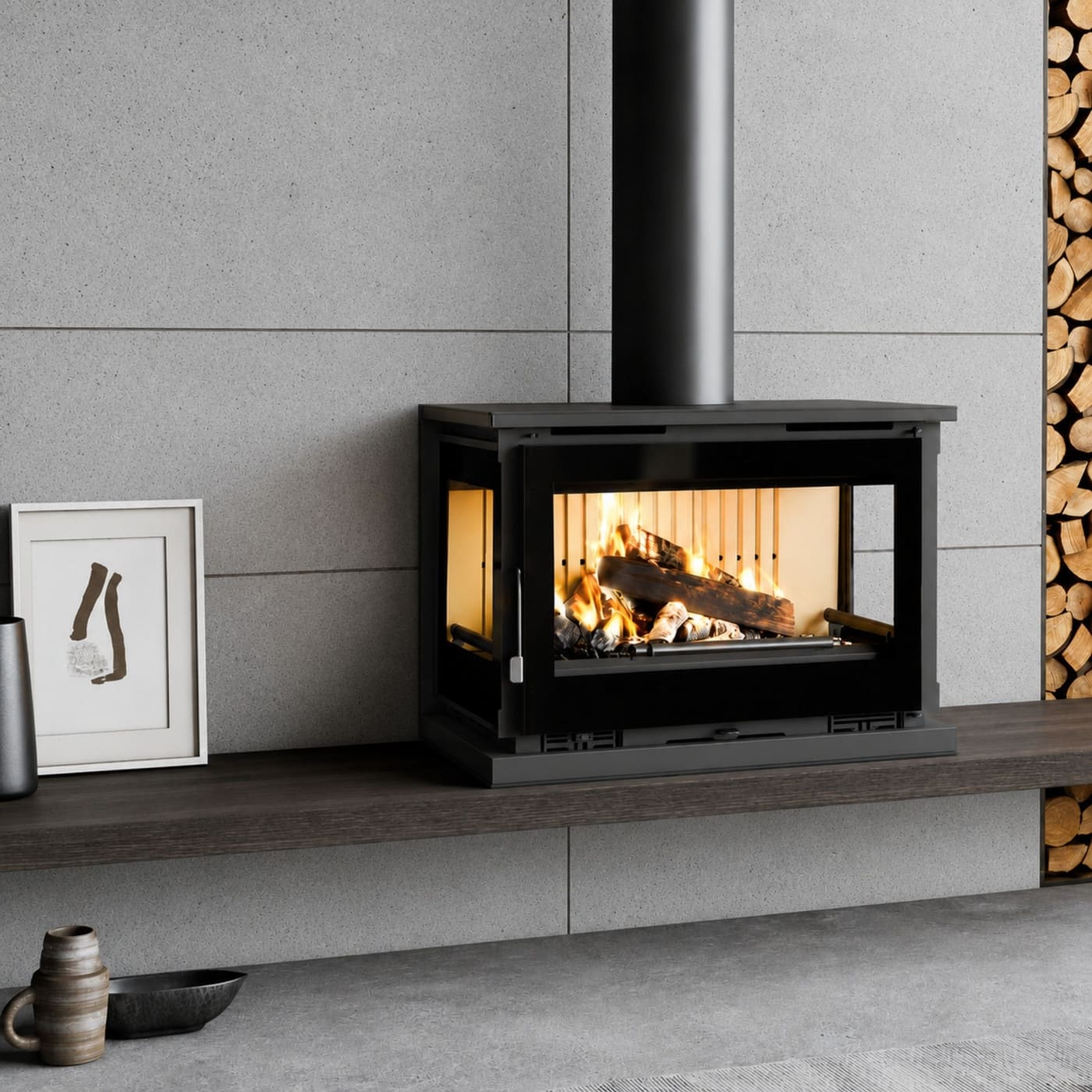 Belüfteter Holzofen anschließbar 3 Glasflächen hängend - FIREMATIC Calgary - L 13,3 kW