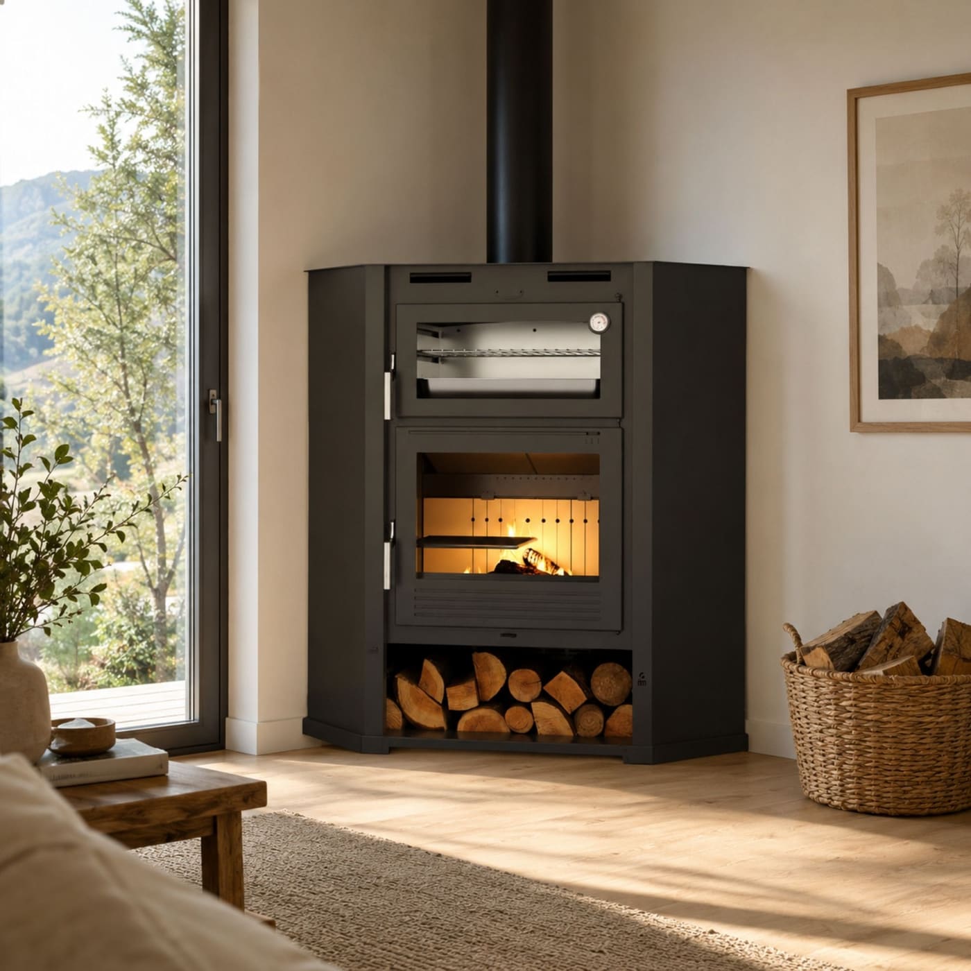 Holzofen Ecke belüftet mit Backfach - FIREMATIC Flint 9,5 kW