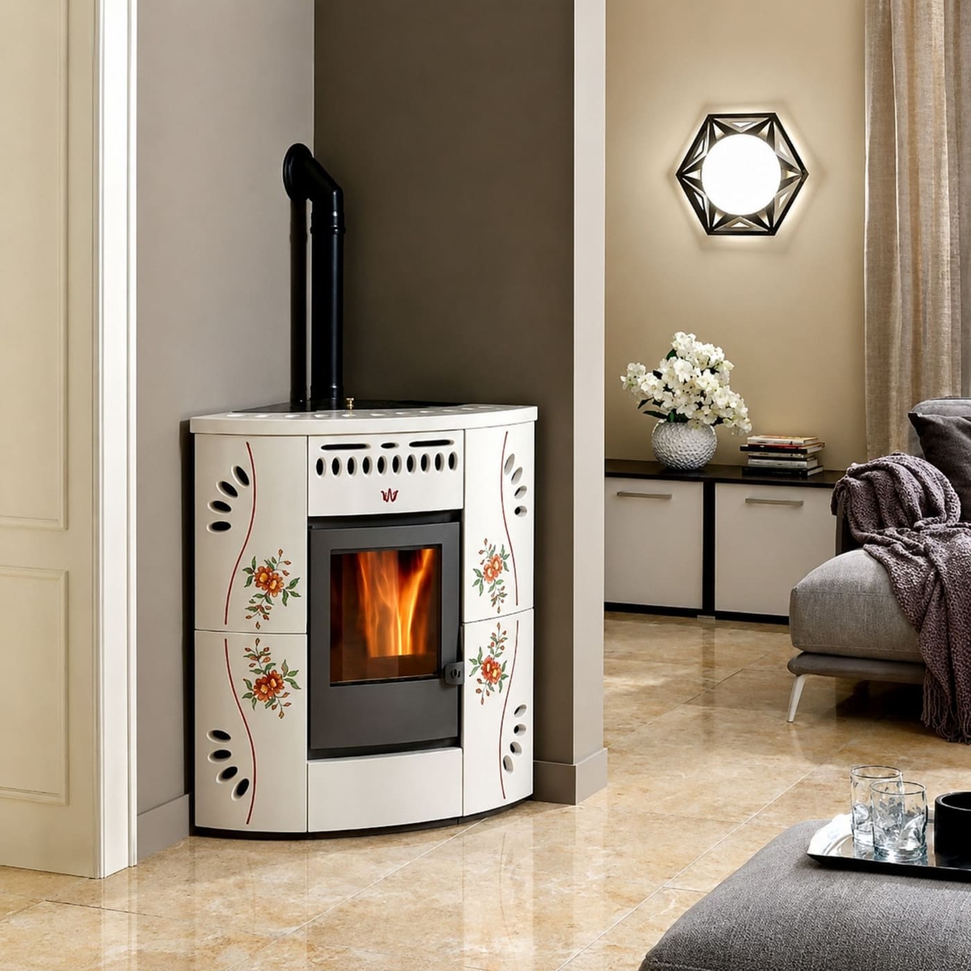 Eck-Pelletofen aus Keramik - ORIGINE PHEBO Gaia 12.2 kW